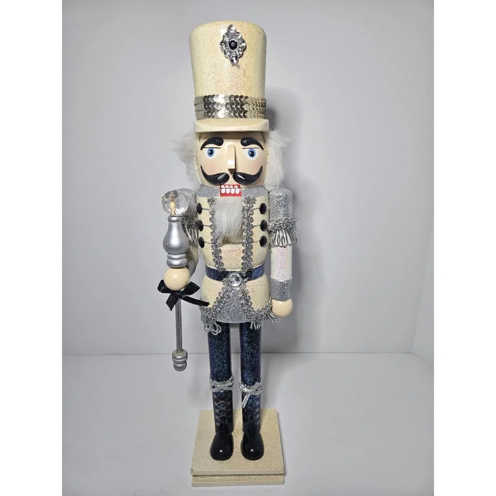Wooden Nutcracker King Christmas Decor White Gold Silver Glitter Rhinestone